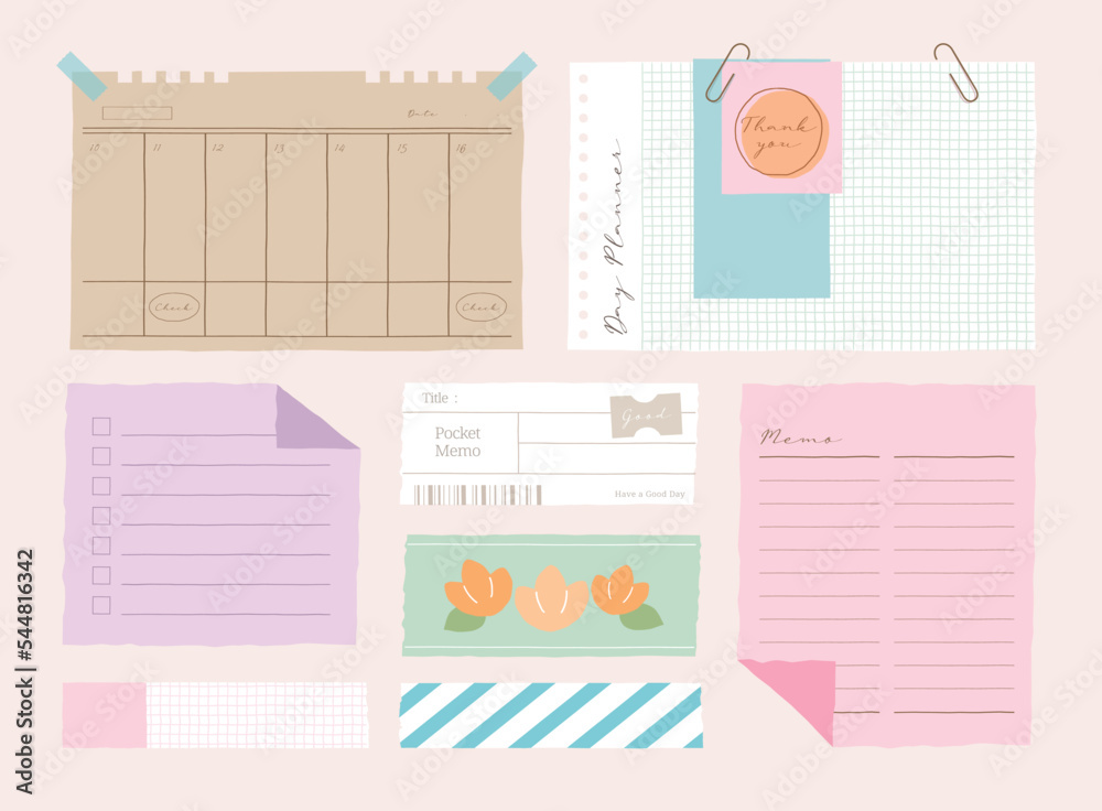 memo template. A collection of striped notes, blank notebooks, and torn notes used in a diary or office.