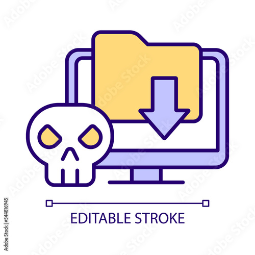 Infected file RGB color icon. Download program with virus. Malware attack. Digital hazard. Computer security. Isolated vector illustration. Simple filled line drawing. Editable stroke. Arial font used