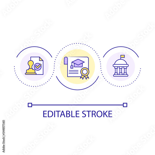 Official degree certificate loop concept icon. Graduating student paper. Learning success abstract idea thin line illustration. Isolated outline drawing. Editable stroke. Arial font used