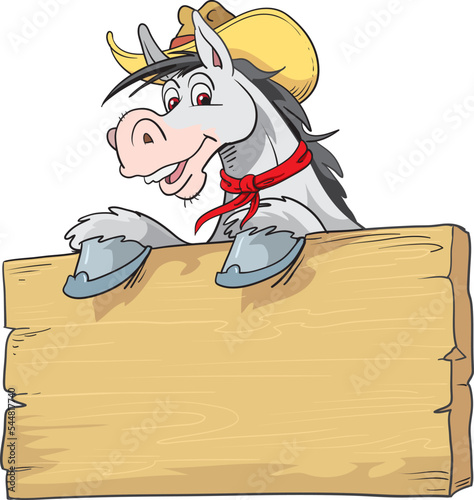 Horse Mascot Over A Blank Wooden Sign Board. Vector Hand Drawn Illustration Isolated On white Background