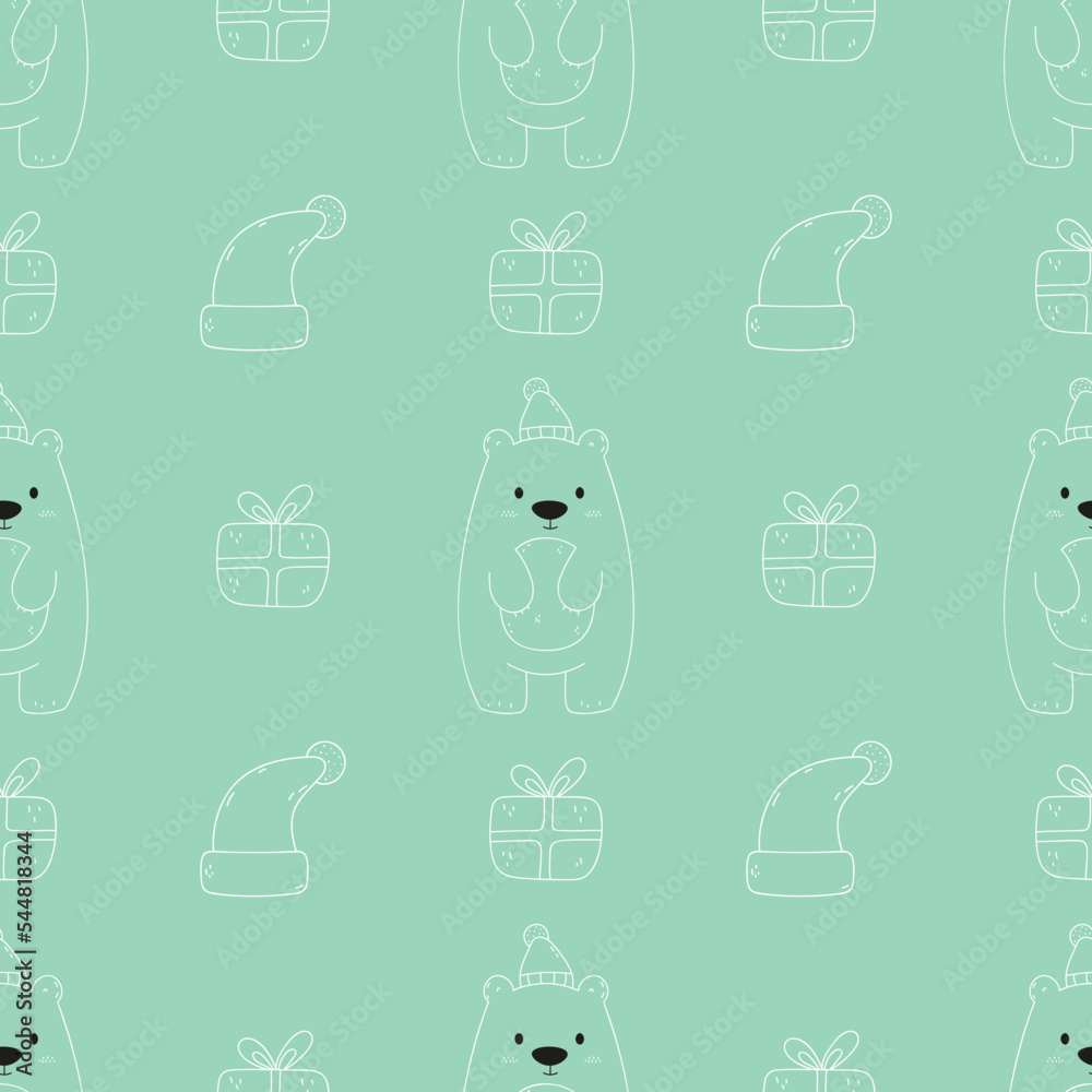 Cute polar bears. Hand drawn illustration. Doodle. Christmas childish pattern. Bears in hat. Gift box. Teddy bear.