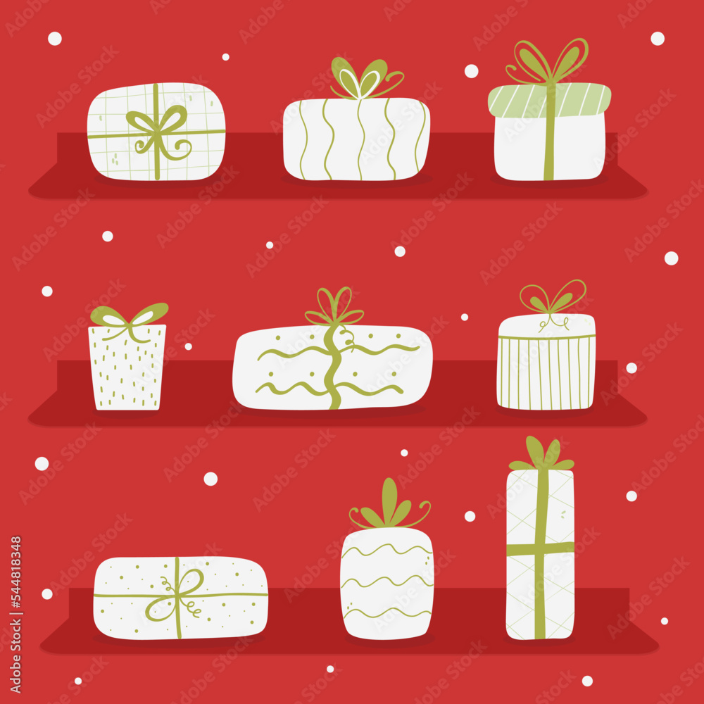 Set of white gift boxes. Presents collection. Red background. Flat doodle style. Colorful wrapped. Cozy winter. Xmas pack. Set of white gift boxes. Presents collection. Red background. Flat doodle style. Colorful wrapped. Cozy winter. Xmas pack.