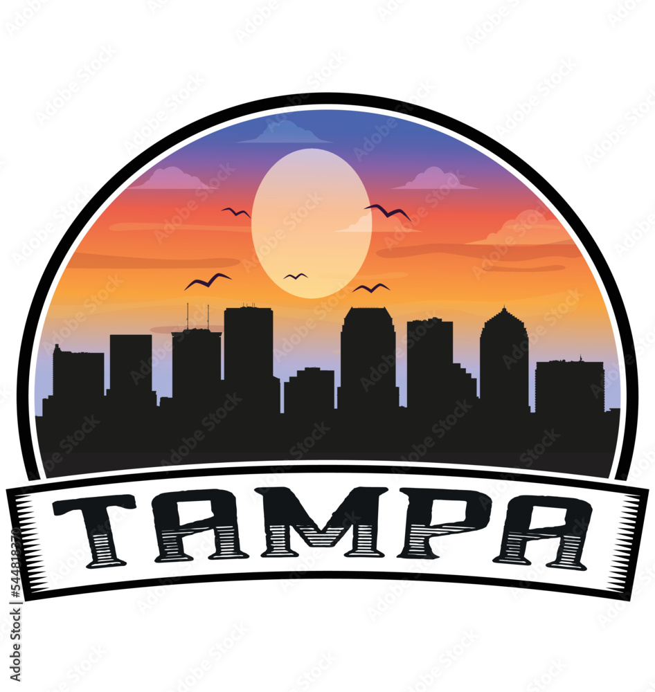 Tampa Florida USA Skyline Sunset Travel Souvenir Sticker Logo Badge Stamp Emblem Coat of Arms Vector Illustration EPS
