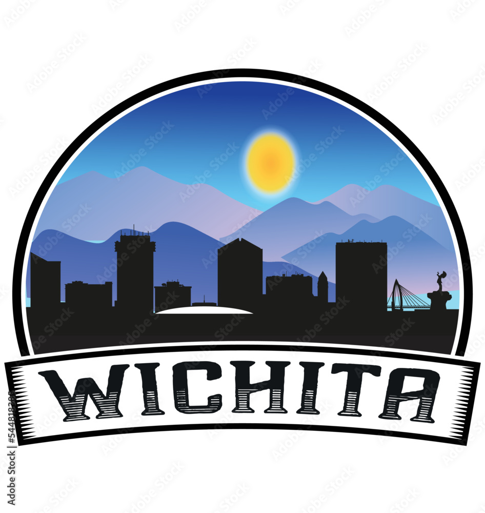 Wichita Kansas USA Skyline Sunset Travel Souvenir Sticker Logo Badge Stamp Emblem Coat of Arms Vector Illustration EPS