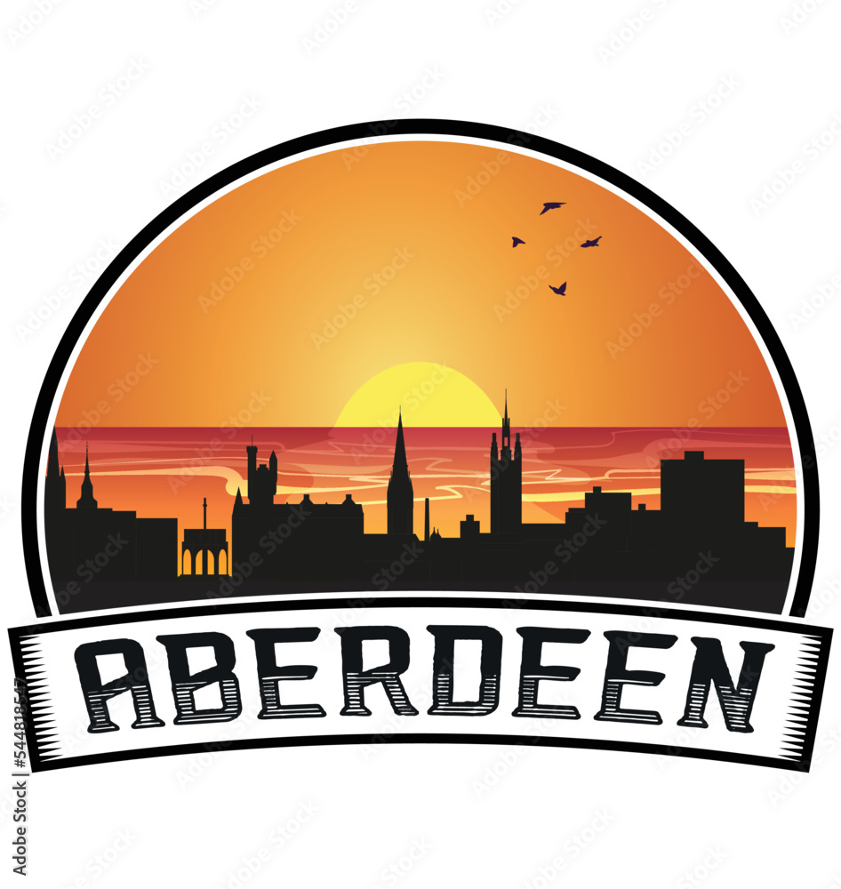 Aberdeen Scotland Skyline Sunset Travel Souvenir Sticker Logo Badge Stamp Emblem Coat of Arms Vector Illustration EPS