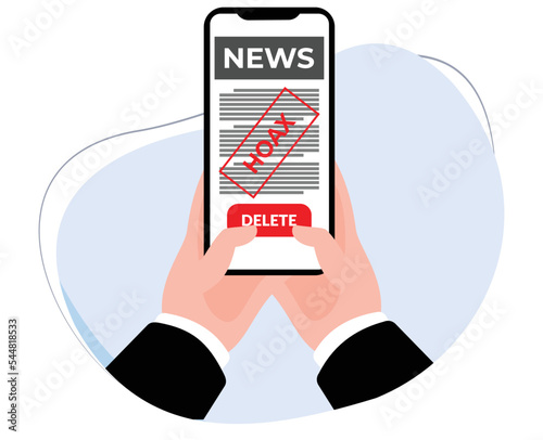 hand holding mobile phone with hoax news screen display. flat design vector illustration