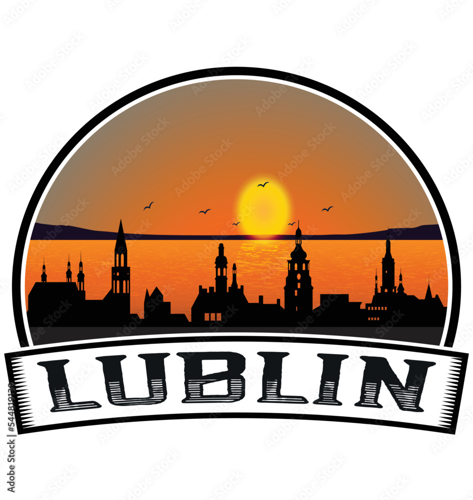 Lublin Poland Skyline Sunset Travel Souvenir Sticker Logo Badge Stamp Emblem Coat of Arms Vector Illustration EPS