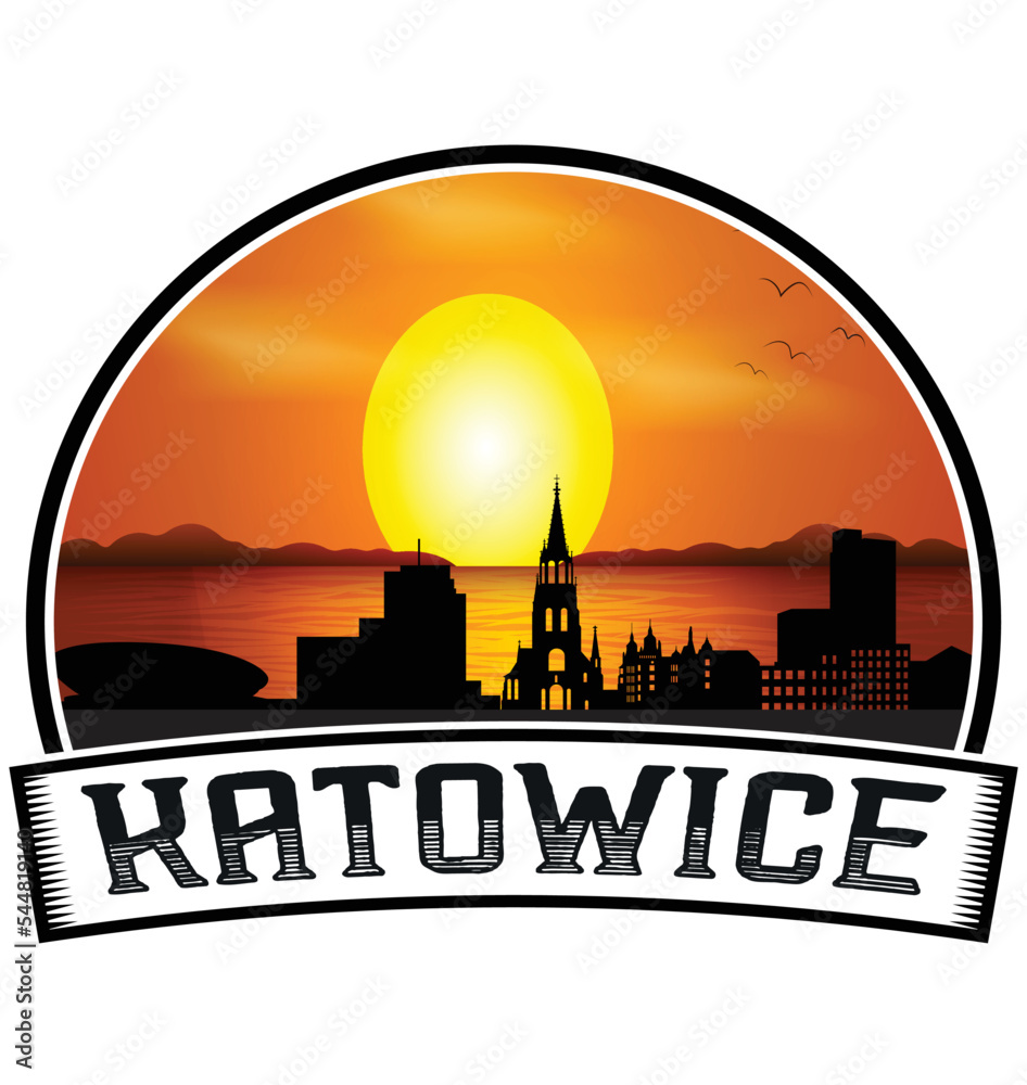 Katowice Poland Skyline Sunset Travel Souvenir Sticker Logo Badge Stamp Emblem Coat of Arms Vector Illustration EPS