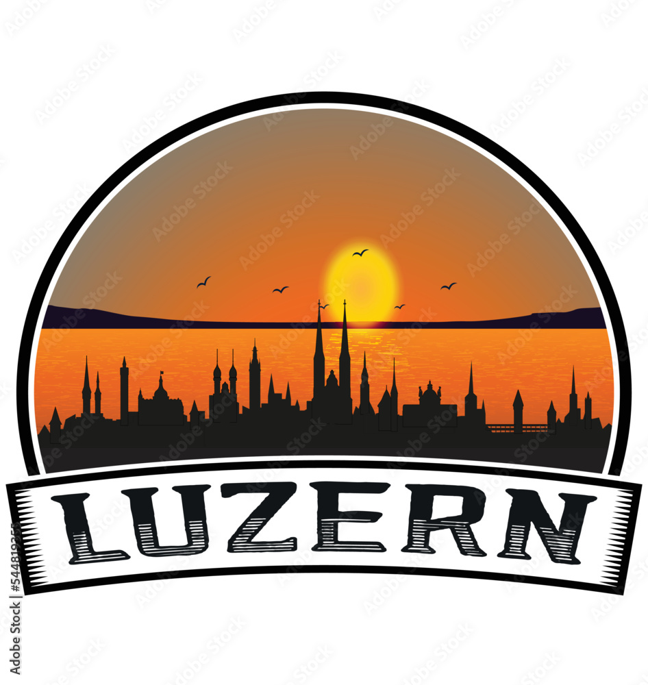 Luzern Switzerland Skyline Sunset Travel Souvenir Sticker Logo Badge Stamp Emblem Coat of Arms Vector Illustration EPS