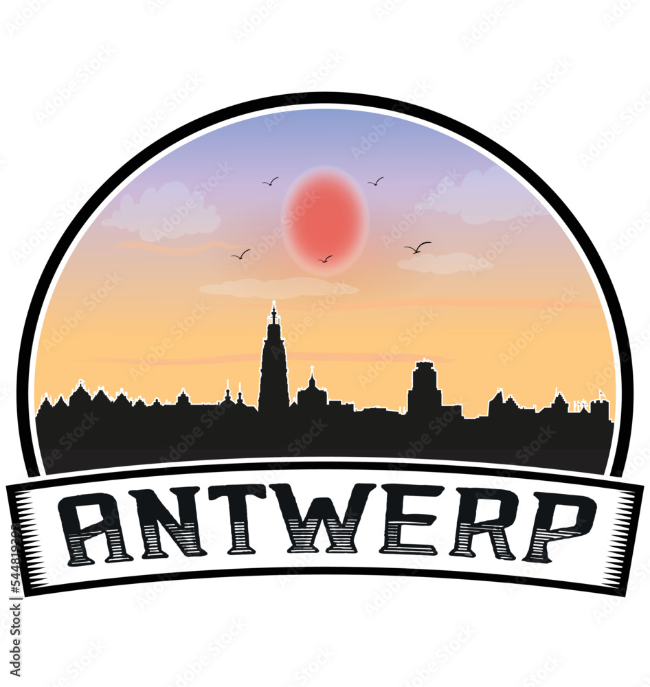 Antwerp Belgium Skyline Sunset Travel Souvenir Sticker Logo Badge Stamp Emblem Coat of Arms Vector Illustration EPS