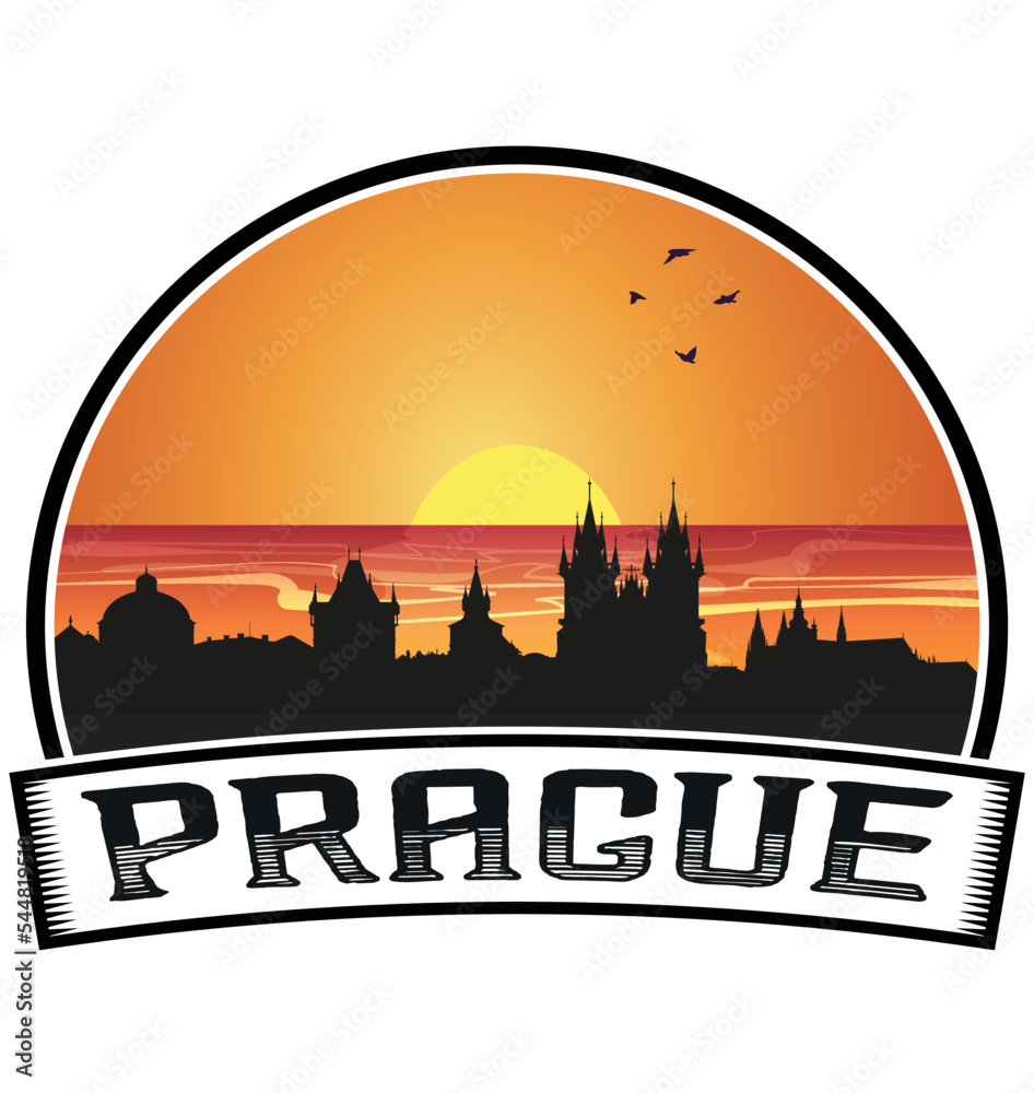 Prague Czechia Skyline Sunset Travel Souvenir Sticker Logo Badge Stamp Emblem Coat of Arms Vector Illustration EPS