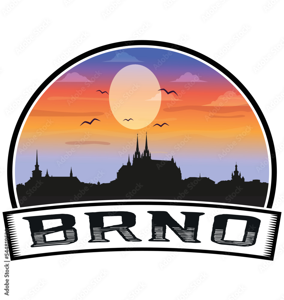 Brno Czechia Skyline Sunset Travel Souvenir Sticker Logo Badge Stamp Emblem Coat of Arms Vector Illustration EPS