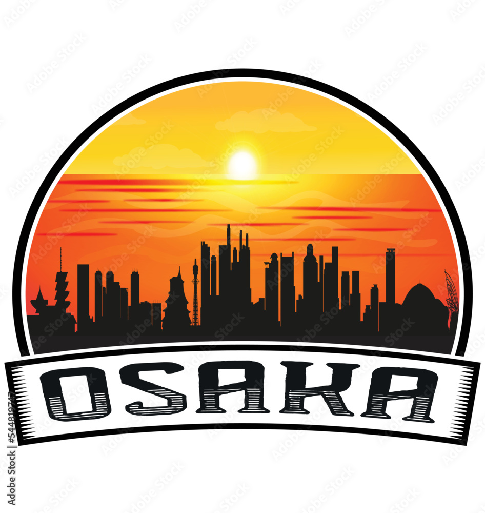 Osaka Japan Skyline Sunset Travel Souvenir Sticker Logo Badge Stamp Emblem Coat of Arms Vector Illustration EPS