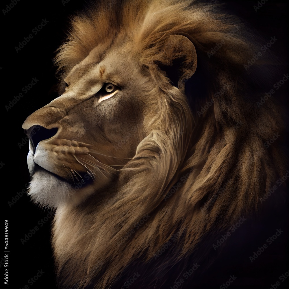 Naklejka premium Majestic lion, king of the animals. Ai generated photorealistic illustration. Is not based on any original image, character or person