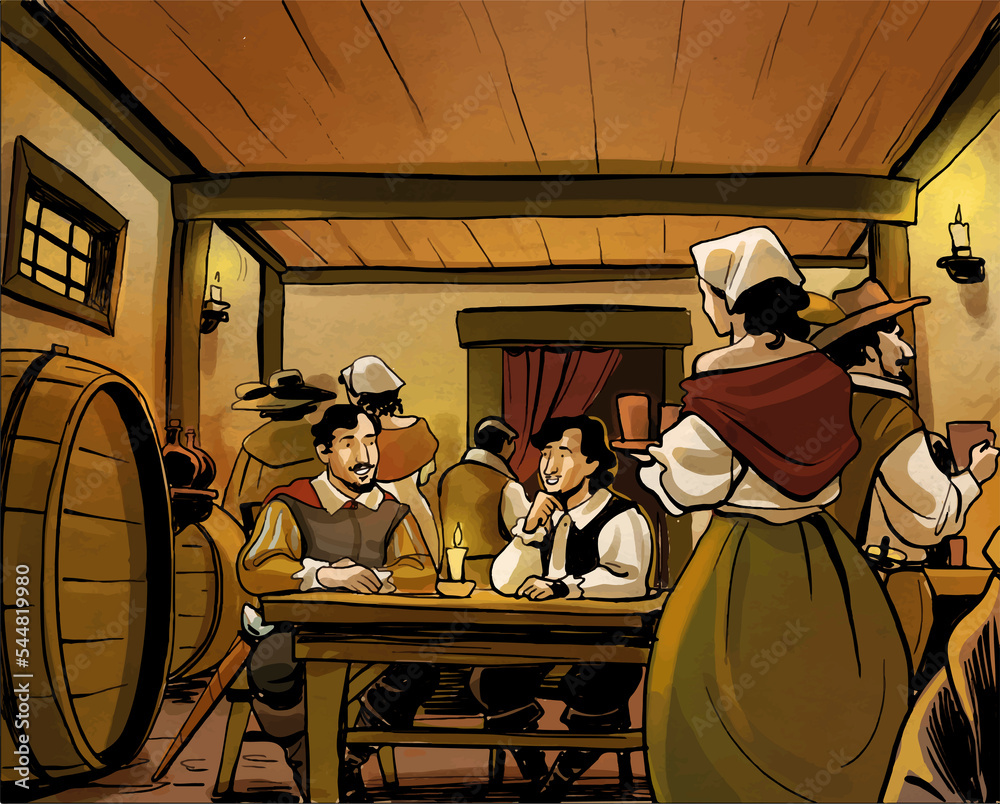 Old tavern illustration. Scene 17th century tavern with people drinking ...