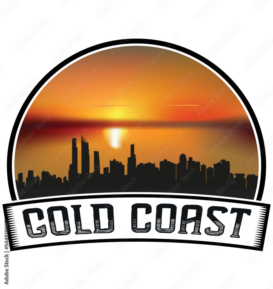 Gold Coast Australia Skyline Sunset Travel Souvenir Sticker Logo Badge Stamp Emblem Coat of Arms Vector Illustration EPS