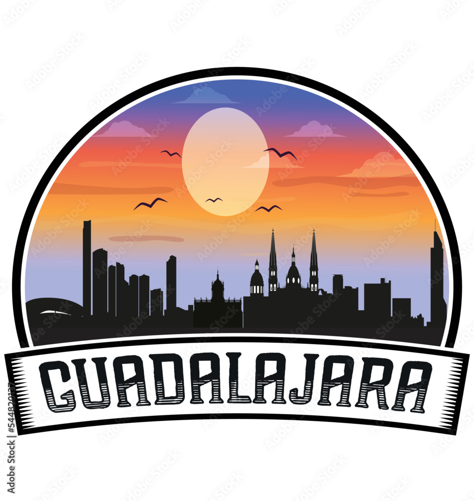 Guadalajara Mexico Skyline Sunset Travel Souvenir Sticker Logo Badge Stamp Emblem Coat of Arms Vector Illustration EPS