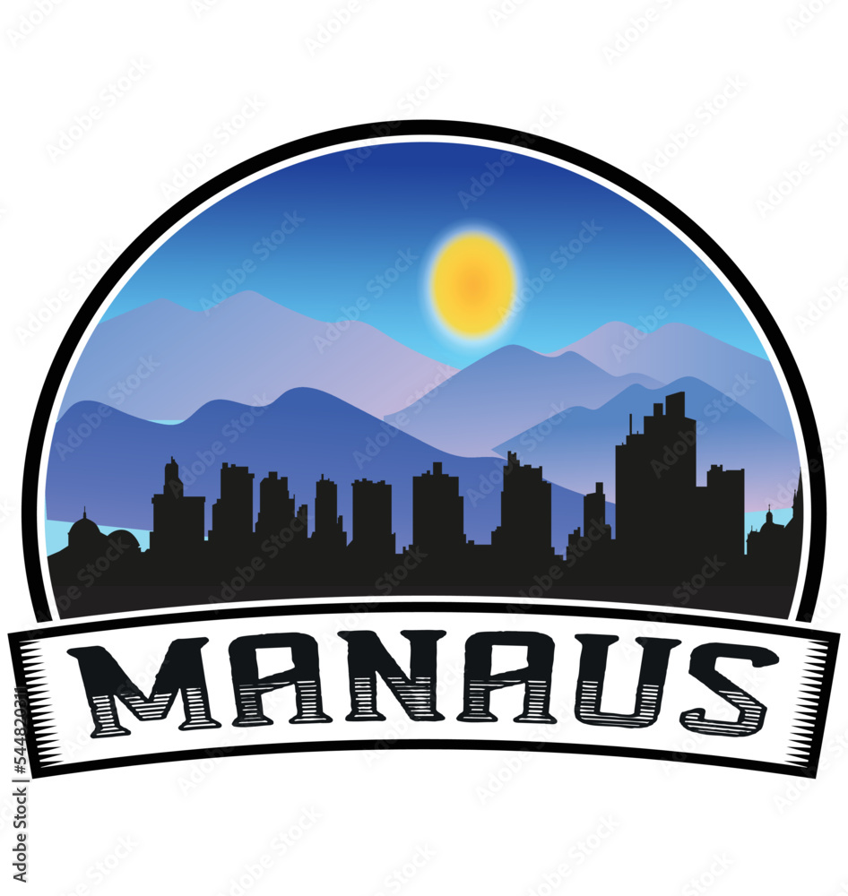Manaus Brazil Skyline Sunset Travel Souvenir Sticker Logo Badge Stamp Emblem Coat of Arms Vector Illustration EPS