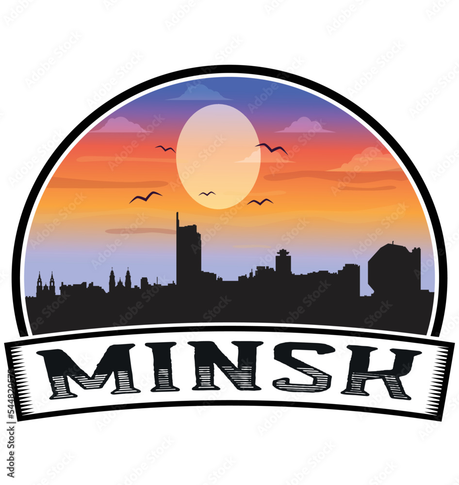 Minsk Belarus Skyline Sunset Travel Souvenir Sticker Logo Badge Stamp Emblem Coat of Arms Vector Illustration EPS
