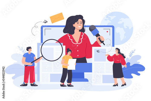 Team of journalists preparing TV news for broadcast. Video report of woman with microphone on screen, tiny persons reading newspaper articles flat vector illustration. Television, mass media concept