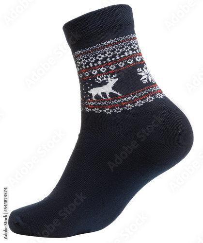 Blue nordic style sock on mannequin isolated on white photo