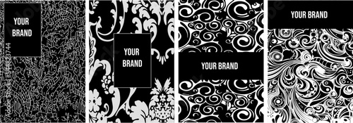 Set of modern black cover designs. Creative batik pattern: black and white. Formal vector for notebook cover, business poster, brochure template, magazine layout