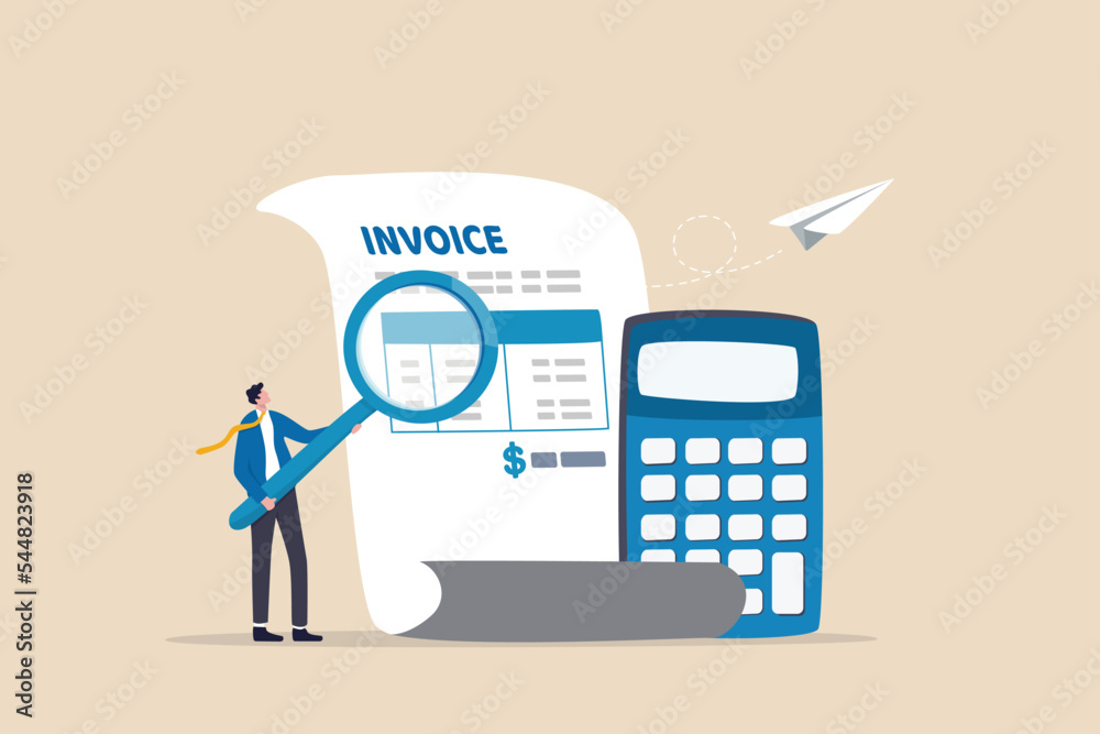 Invoice, bill or total amount to pay for service, charge for price calculation or finance payment system, accounting, quotation and receipt concept, businessman holding magnifier on invoice document. - obrazy, fototapety, plakaty 
