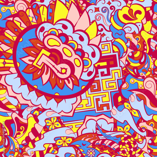 Tracery seamless pattern. Mehndi design. 6 colors. Ethnic doodle texture. Curved doodling background. Vector