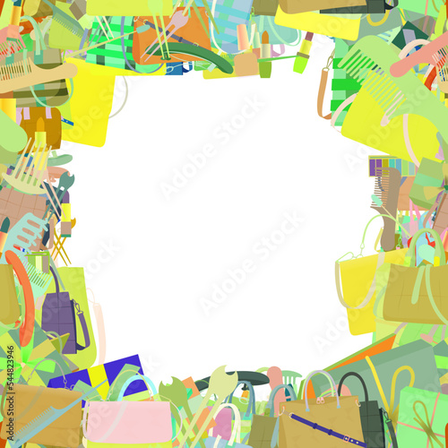 Background pattern abstract seamless design texture. Border frame, transparent background. Theme is about many, salon, nail polish, present, satchel, purse, decoration, powder, gift, hair clips
