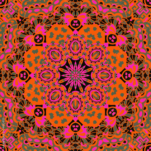 Seamless tile texture. Tracery mehndi design image. Dark toxic colors. Ethnic doodle art. Curved doodling picture. Vector