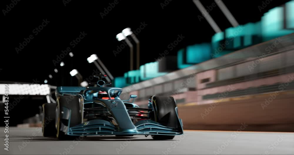 Three High-Speed Racing Cars Driving on Winding Night Race Track to the Finish Line. Racing go Karts Competition. Speed and Sport Concept. 3D Rendering