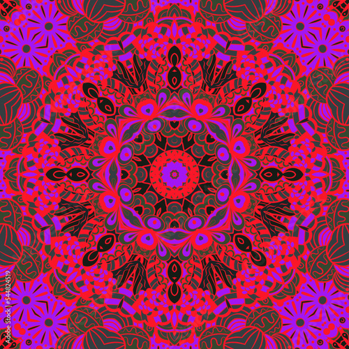 Seamless tile texture. Tracery mehndi design image. Dark toxic colors. Ethnic doodle art. Curved doodling picture. Vector