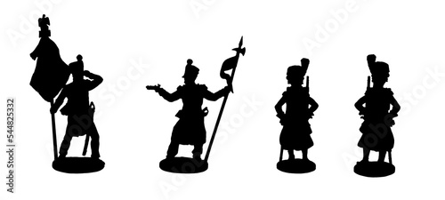 French sapper, flag bearer and eagle bearer. Historical figures from the Napoleonic War. Silhouette drawing.