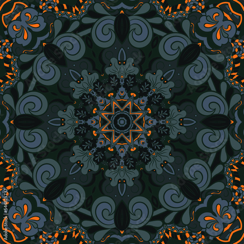 Seamless tile texture. Tracery mehndi design image. Dark toxic colors. Ethnic doodle art. Curved doodling picture. Vector