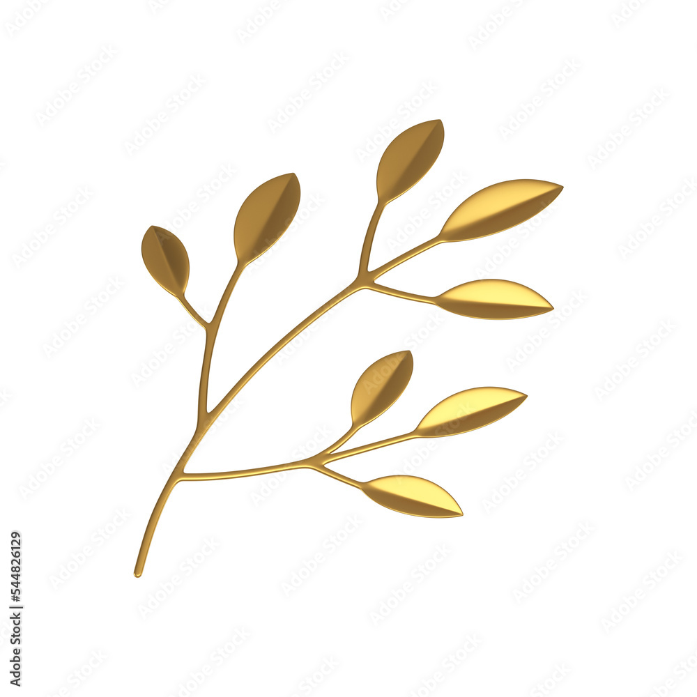 Tree branch with stem leaves golden 3d icon decor element for beauty art florisitc design