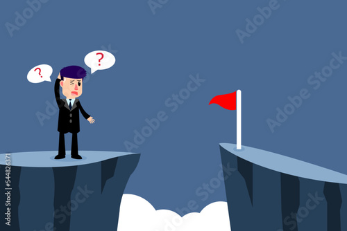 Businessman standing on cliff are thinking of way to cross the gap to the flag of success. Business problem solving. Business Concept. Vector illustration
