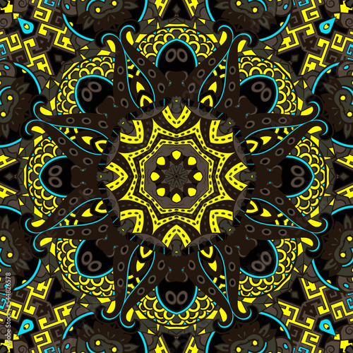 Seamless tile texture. Tracery mehndi design image. Dark toxic colors. Ethnic doodle art. Curved doodling picture. Vector