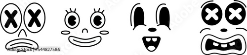 Retro 30s cartoon character faces. Old vintage faces vector. Eyes with crosses 
