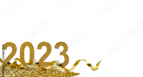 year 2023  golden numbers in ribbon and glitters  on white background