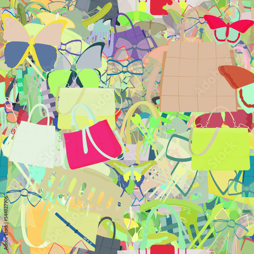 Background pattern abstract seamless design texture. Theme is about purse, casual, salon, stuff, colorful, nature, Red Admiral, small, hairpin, ribbons, vector, design, decoration, everyday