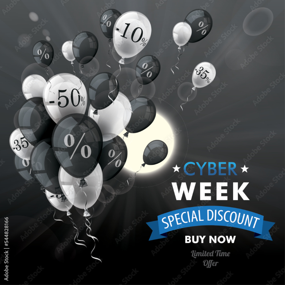 Black Sky Discount Balloons Bunch Sun Cyber Week - obrazy, fototapety, plakaty 