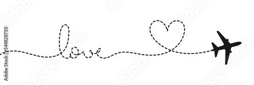 Love airplane route. Romantic travel, heart dashed line trace and plane routes. Hearted airplane path, flight air dotted love valentine day drawing isolated