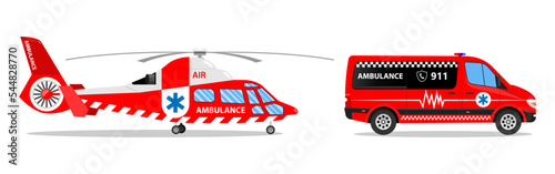 Emergency medical transport. Helicopter air ambulance and ambulance car