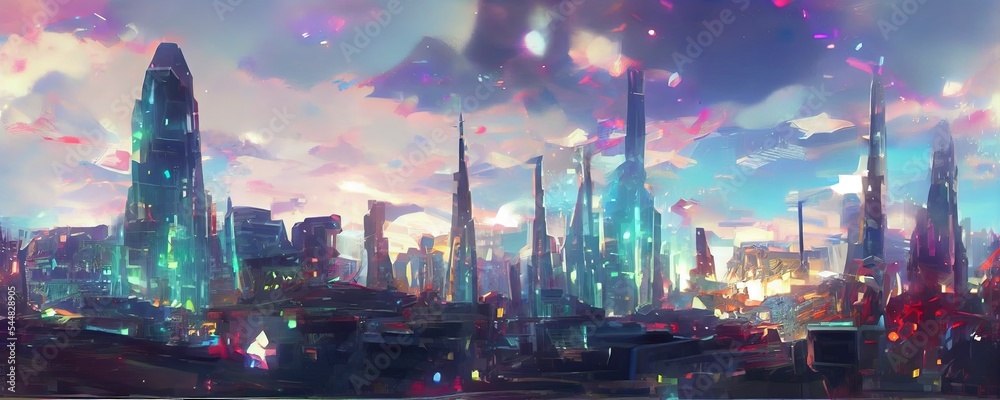 Sci-Fi cityscape with crystal elements. Futuristic city scene panorama. Sci fi wallpaper. Retro future 3D illustration. Urban scene. Great as background or for your art projects. - obrazy, fototapety, plakaty 