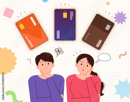 A couple contemplating which credit card to choose. Economy concept vector illustration.