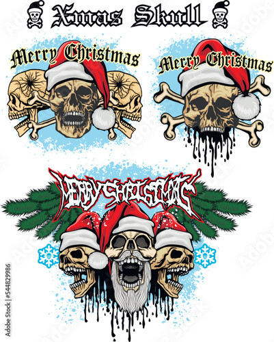 set Xmas sign with skull in hat of Santa Claus, grunge vintage design t shirts