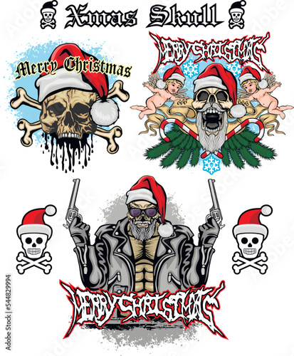 set Xmas sign with skull in hat of Santa Claus, grunge vintage design t shirts