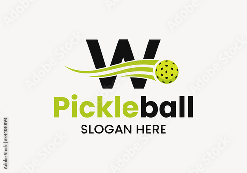 Letter W Pickleball Logo Concept With Moving Pickleball Symbol. Pickle Ball Logotype Vector Template