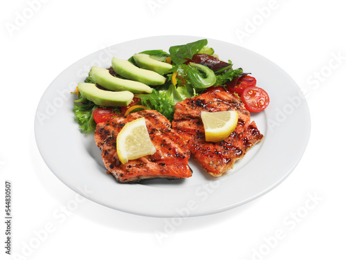Tasty grilled salmon with avocado, lemon and tomatoes on white background