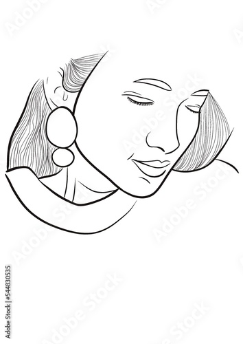 Illustration en gros plan d’un visage d’une jeune fille aux yeux fermées. Dessin simple trait noir sur fond blanc. Image lier à la femme et au cosmétique, icône de marque de luxe